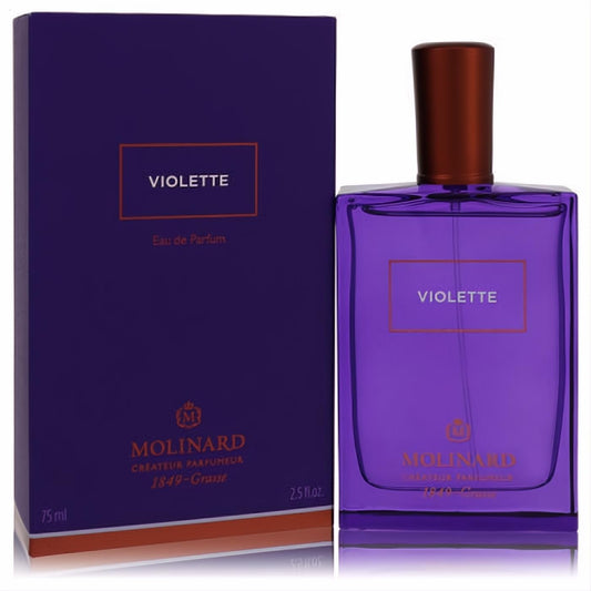 Vibrant Molinard Violette 2.5 oz unisex Eau de Parfum in a sleek purple bottle with bronze cap, beside its elegant matching box.