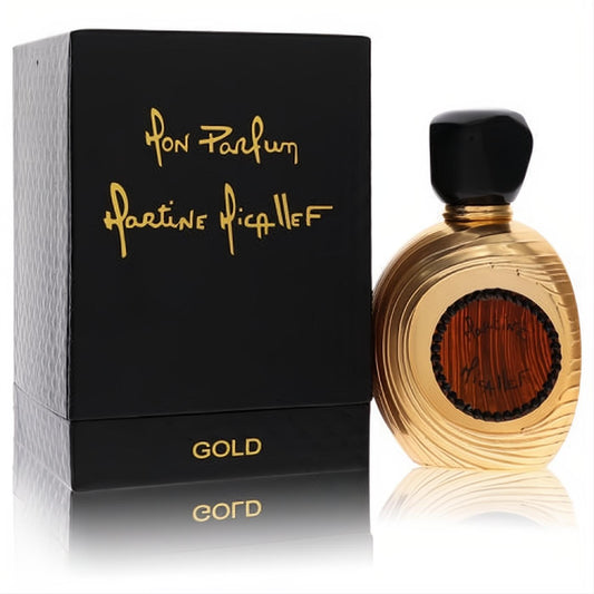 Experience M. Micallef Mon Parfum Gold 3.3 oz EDP. Luxurious ridged gold bottle, black cap, and elegant black box.