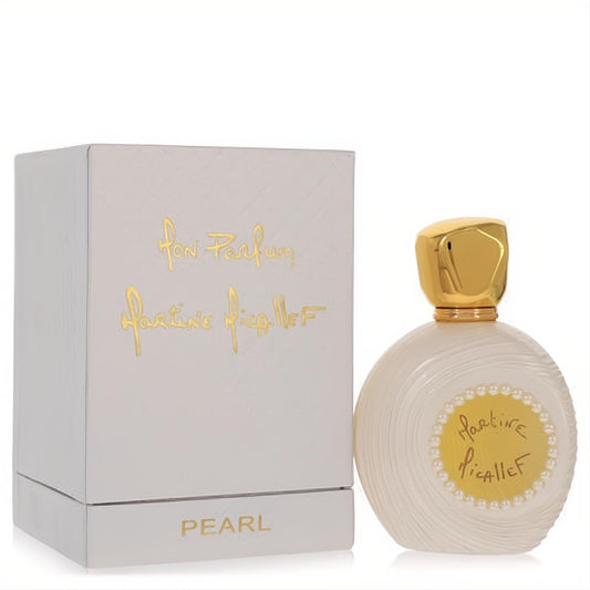 Luxurious Mon Parfum Pearl 3.3 oz EDP. Round white bottle with pearl accents, gold cap, and elegant matching textured box.