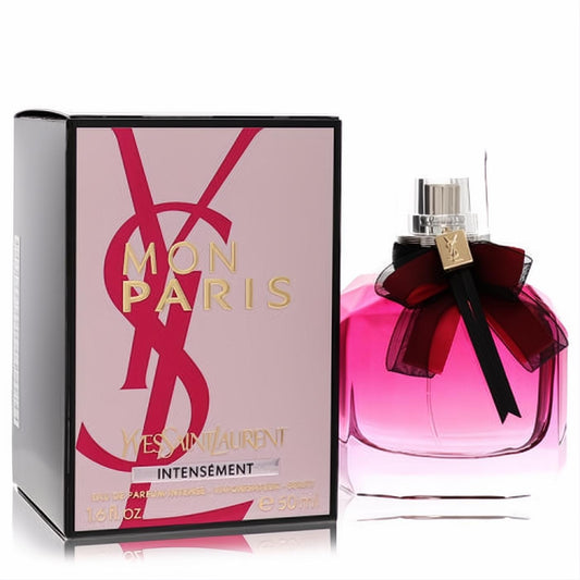 YSL Mon Paris Intensement 1.7 oz EDP. Pink faceted bottle with a chic black & red bow, gold YSL charm, and branded box.