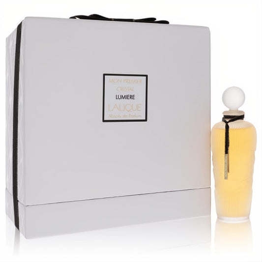 Elegant Lalique Mon Premier Crystal Absolu Lumiere 2.7 oz EDP. Frosted glass bottle with gold tag, presented in a luxurious white gift box.