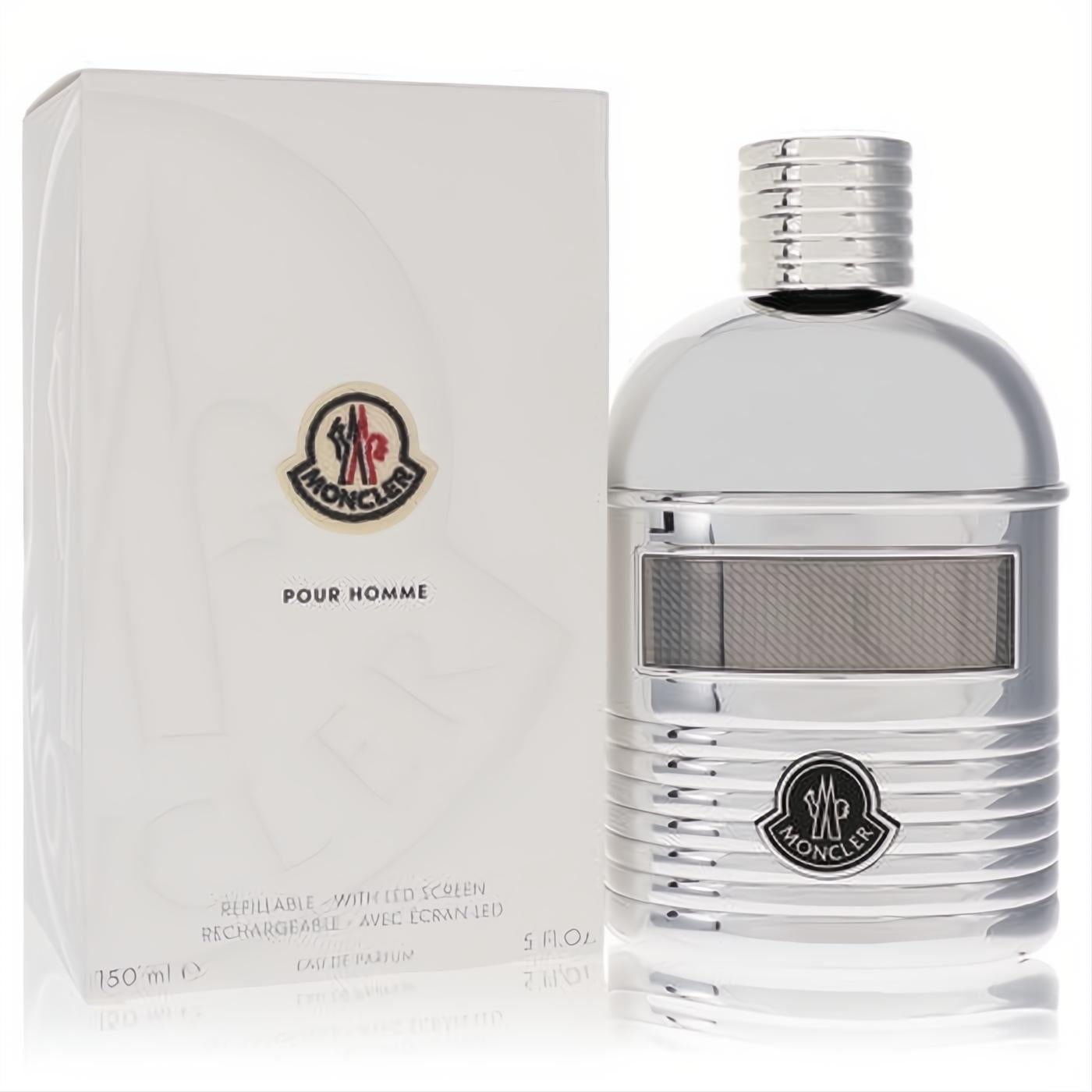 Luxurious Moncler Pour Homme 5 oz EDP spray in a sleek silver refillable bottle with an innovative LED screen and ribbed metallic design.