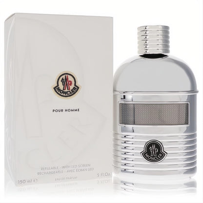 Luxurious Moncler Pour Homme 5 oz EDP spray in a sleek silver refillable bottle with an innovative LED screen and ribbed metallic design.
