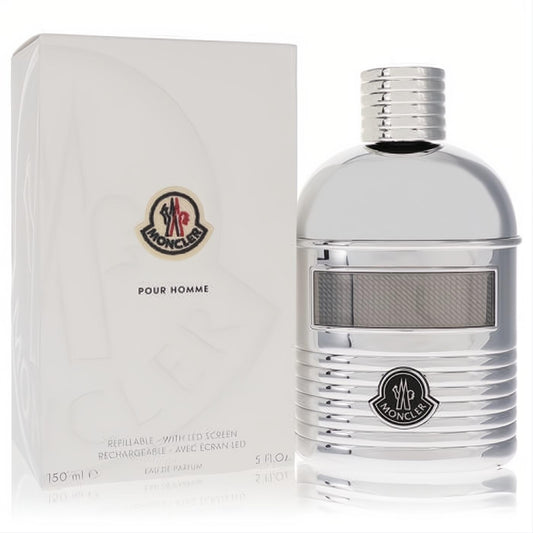 Luxurious Moncler Pour Homme 5 oz EDP spray in a sleek silver refillable bottle with an innovative LED screen and ribbed metallic design.
