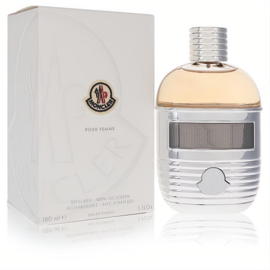 Luxurious Moncler 5 oz Eau De Parfum for women, featuring a sleek silver refillable bottle with an innovative LED screen.