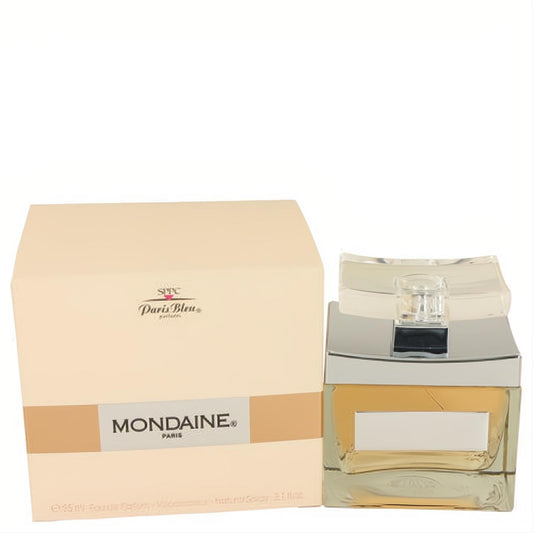 Luxurious Mondaine by Paris Bleu 3.1 oz women's Eau De Parfum spray. Clear glass bottle with golden liquid and a chic peach branded box.