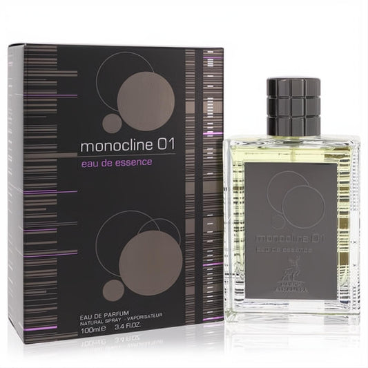 Elegant Monocline 01 Eau De Essence 3.4 oz unisex perfume in clear glass bottle with dark label and sleek black box.