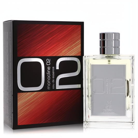 Modern Monocline 02 Eau De Essence fragrance. Sleek clear glass bottle with silver cap and bold black, red gradient box.