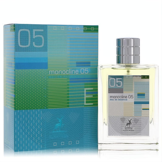 Monocline 05 Eau De Essence 3.4 oz unisex fragrance by Maison Alhambra. Modern clear bottle, silver cap, and striking blue-green geometric box.