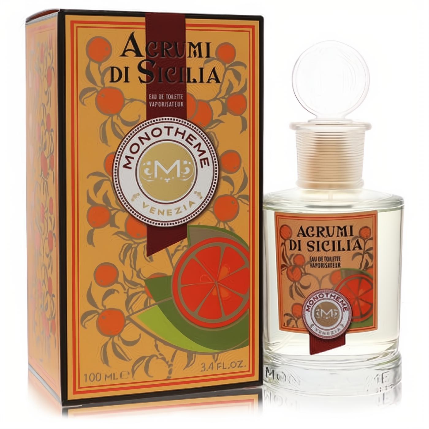 Monotheme Agrumi Di Sicilia 3.4 oz unisex EDT. Clear glass bottle with distinctive stopper, vibrant citrus label, and matching ornate orange box.