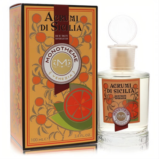 Monotheme Agrumi Di Sicilia 3.4 oz unisex EDT. Clear glass bottle with distinctive stopper, vibrant citrus label, and matching ornate orange box.