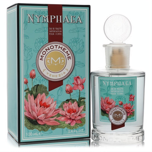 Monotheme Nymphaea 3.4 oz women's EDT in a clear glass bottle and elegant teal box with vibrant pink water lilies.