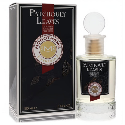 Discover Monotheme Patchouly Leaves 3.4 oz EDT. Classic clear glass bottle with gold accents, presented in a sleek black and gold box.