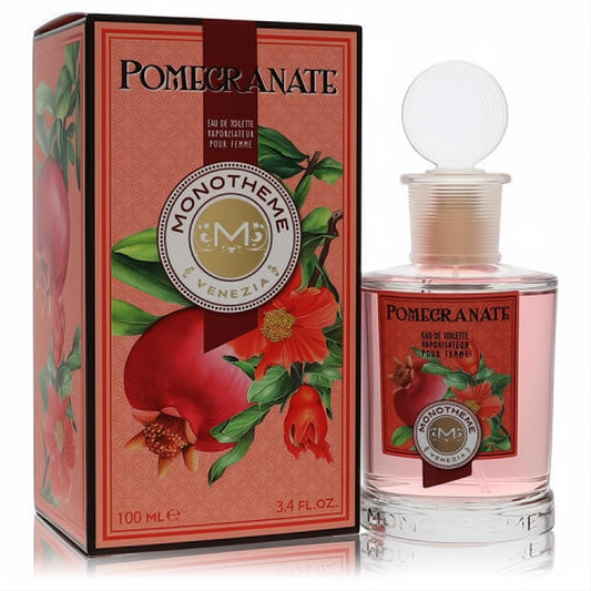 Monotheme Pomegranate 3.4 oz EDT: Elegant clear glass bottle with pink fragrance, decorative stopper, and vibrant coral box.
