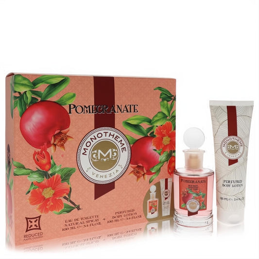 Monotheme Pomegranate 3.4 oz EDT & body lotion gift set. Elegant box with vibrant red fruit design.