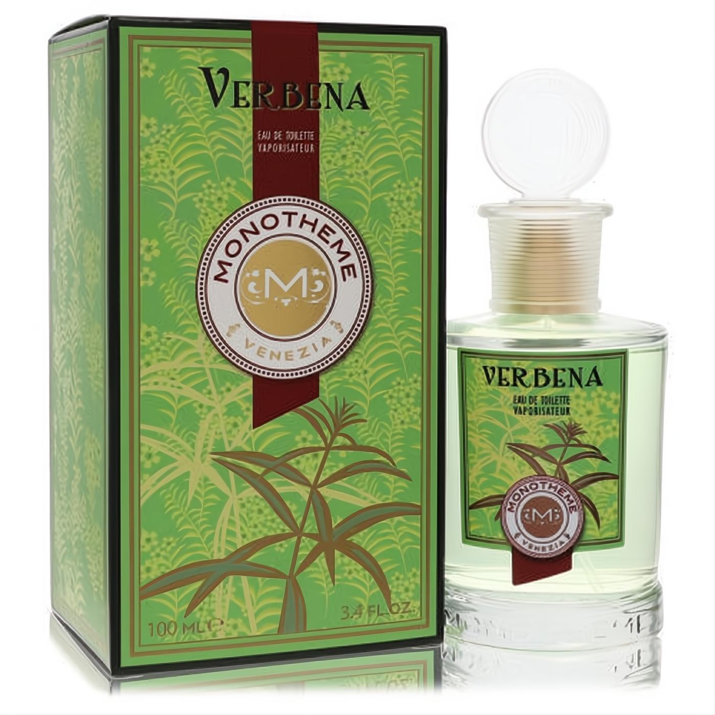 Elevate your senses with Monotheme Verbena 3.4 oz unisex EDT. Clear bottle, light green liquid, vibrant botanical box.