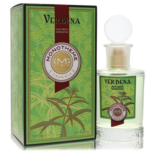 Elevate your senses with Monotheme Verbena 3.4 oz unisex EDT. Clear bottle, light green liquid, vibrant botanical box.
