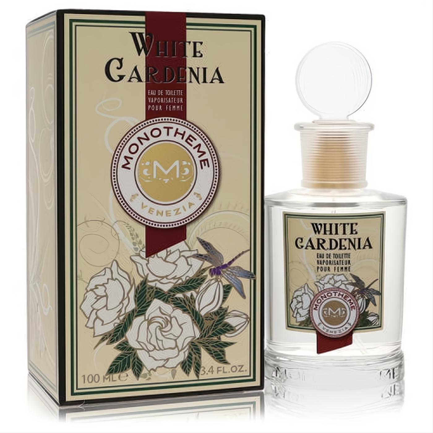 Monotheme White Gardenia 3.4 oz EDT in a clear vintage apothecary bottle with a unique stopper and elegant cream floral box.