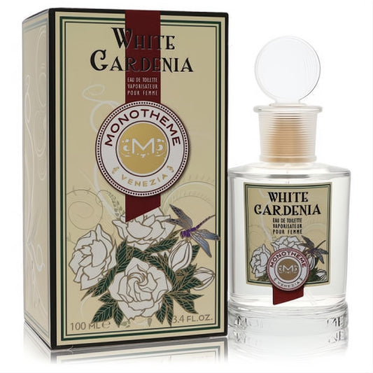 Monotheme White Gardenia 3.4 oz EDT in a clear vintage apothecary bottle with a unique stopper and elegant cream floral box.
