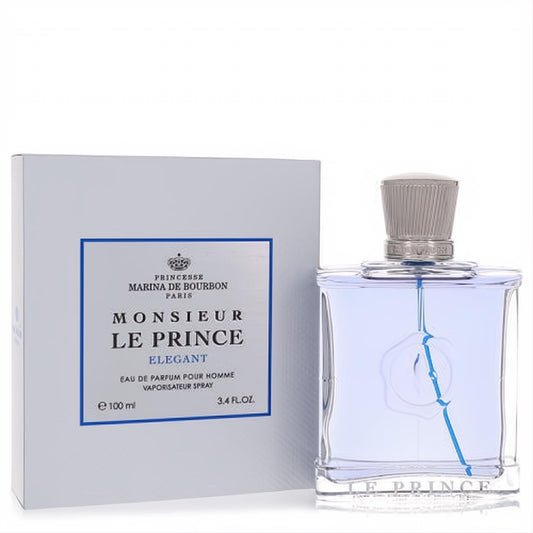 Monsieur Le Prince Elegant 3.4 oz men's fragrance. Clear blue bottle, ribbed silver cap, and distinctive blue cord.