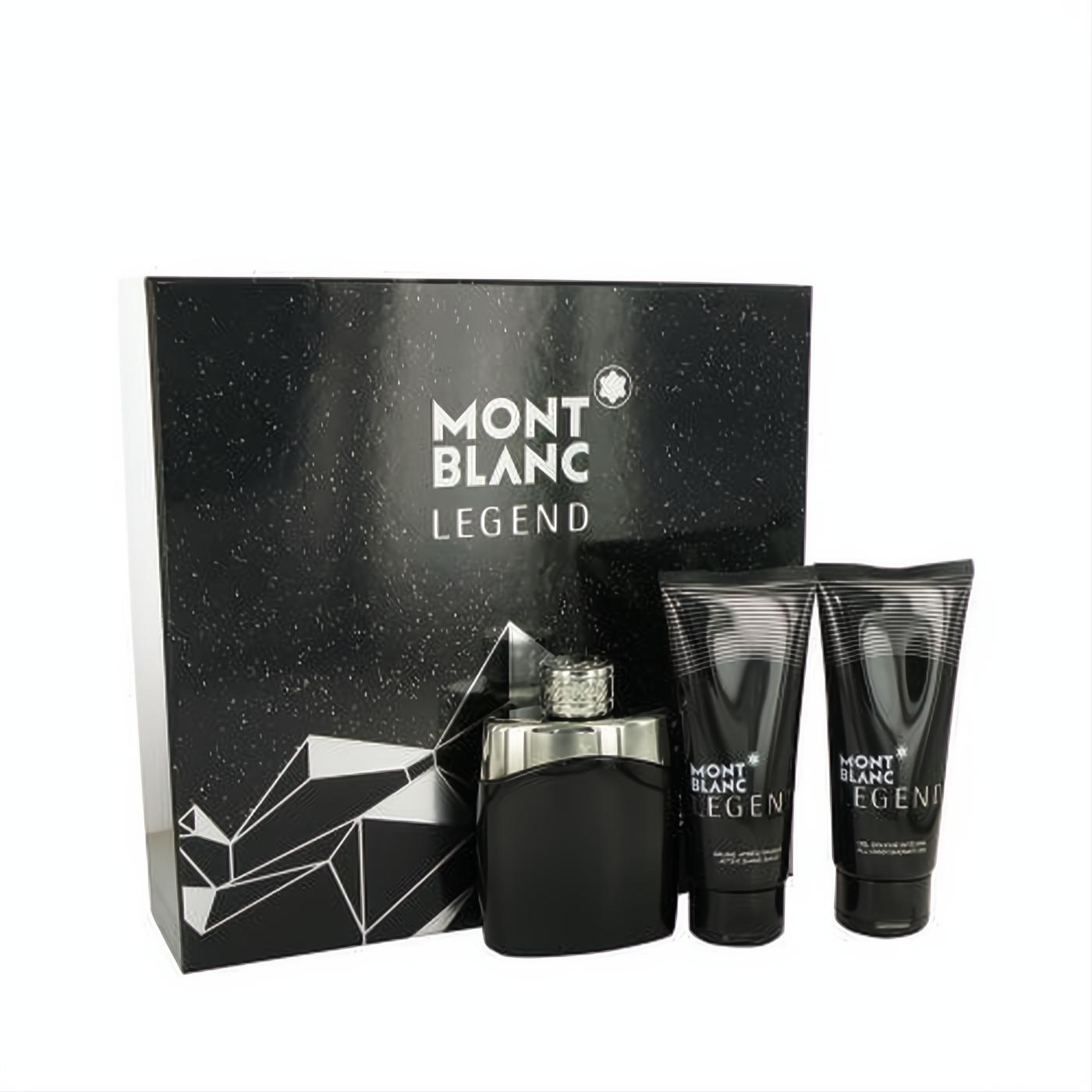 MontBlanc Legend men's 3-piece gift set: black EDT spray with silver cap, after shave balm, and shower gel in a sleek black box.
