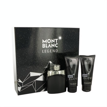 MontBlanc Legend men's 3-piece gift set: black EDT spray with silver cap, after shave balm, and shower gel in a sleek black box.