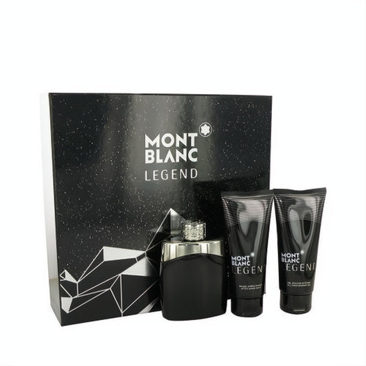 MontBlanc Legend men's 3-piece gift set: black EDT spray with silver cap, after shave balm, and shower gel in a sleek black box.