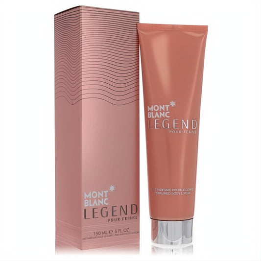 Luxurious MontBlanc Legend Pour Femme 5oz perfumed body lotion in a rose gold tube with silver cap and matching box.