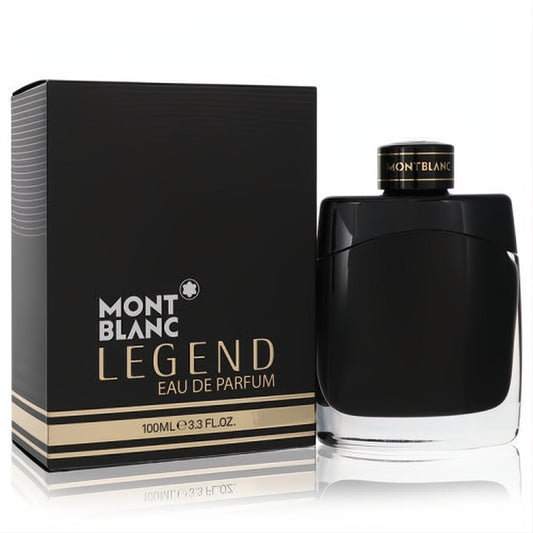 MontBlanc Legend 3.3 oz men's Eau De Parfum. Elegant black bottle with gold cap and matching luxurious black and gold box.
