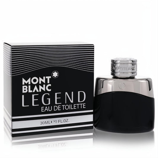 MontBlanc Legend 1 oz Eau De Toilette for men. Sophisticated black bottle with a polished chrome cap, displayed with its iconic black and white branded box.