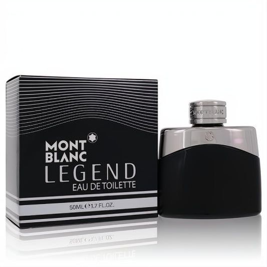 MontBlanc Legend 1.7 oz EDT spray. Sleek black bottle with silver cap, alongside its elegant black and silver striped box.