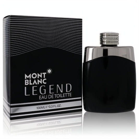 Iconic MontBlanc Legend Eau De Toilette 3.3 fl.oz. spray with sleek black bottle, silver cap, and elegant matching box.