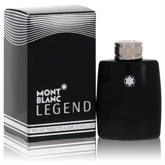 MontBlanc Legend 0.15 oz mini EDT. Sleek black bottle, silver cap, iconic star logo, and elegant black box.