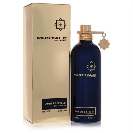Montale Amber & Spices 3.4 oz unisex EDP. Striking dark blue bottle with a unique gold cap and luxurious gold box.