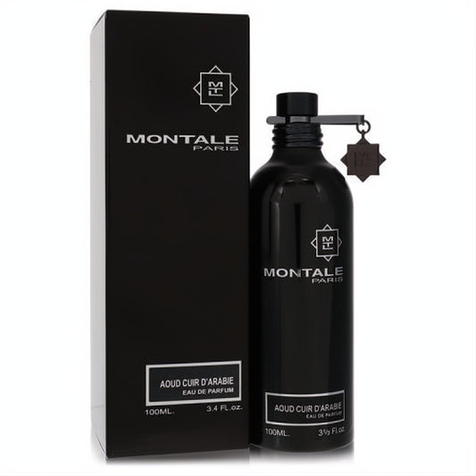 Montale Aoud Cuir D'arabie 3.4 oz unisex EDP. Luxurious black bottle with silver logo, signature charm, and matching box.