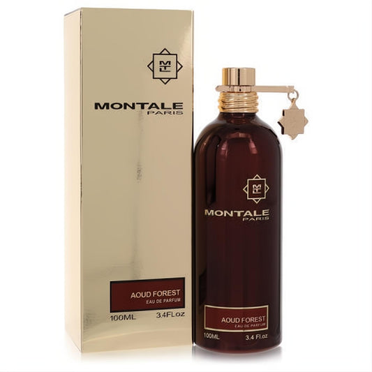Elegant Montale Aoud Forest 3.4 oz unisex EDP. Deep burgundy bottle with gold cap, charm, and matching luxurious gold box.