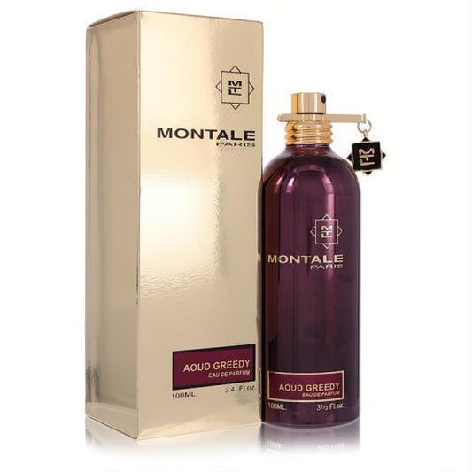 Elegant Montale Aoud Greedy 3.4 oz unisex Eau De Parfum. Burgundy metallic bottle, gold cap, and matching shiny gold box.