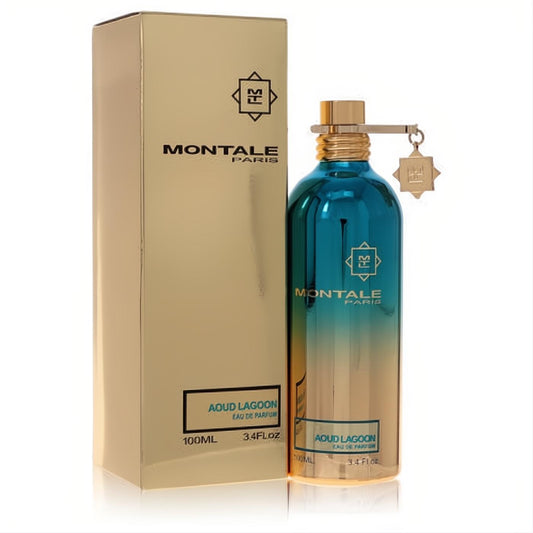 Vibrant teal-gold ombre Montale Aoud Lagoon 3.4 oz unisex EDP bottle and elegant gold box.