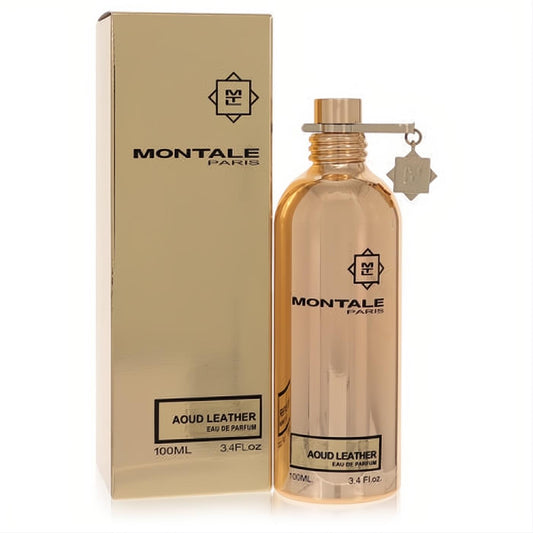 Montale Aoud Leather 3.4 oz unisex EDP. Shimmering metallic gold bottle with charm, matching luxury box.