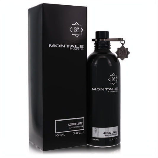 Montale Aoud Lime 3.4 oz unisex Eau De Parfum spray in a sleek black metallic bottle with a matching box and silver charm.