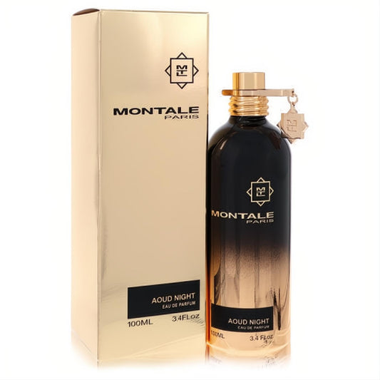 Montale Aoud Night 3.4 oz unisex EDP. Elegant black-gold bottle, gold cap, and charm, with a luxurious matching gold box.