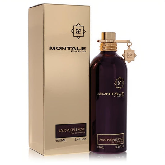 Montale Aoud Purple Rose 3.4 oz unisex EDP. Seductive dark purple metallic bottle with gold cap, charm, and elegant gold box.