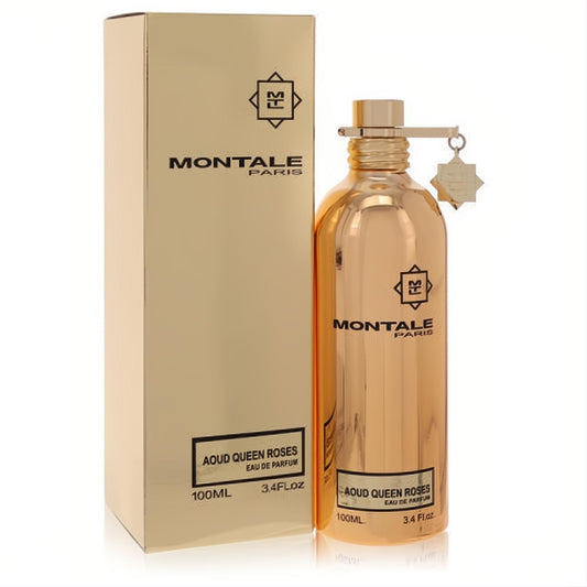 Montale Aoud Queen Roses 3.4 oz unisex Eau de Parfum. Glimmering metallic gold bottle with signature star charm, next to its elegant box.