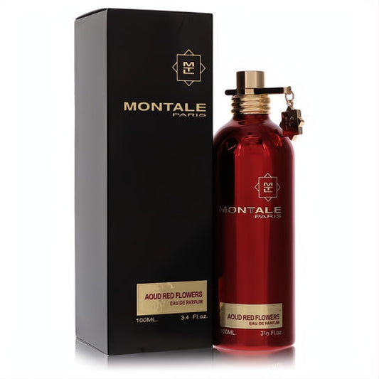 Luxurious Montale Aoud Red Flowers 3.4 oz EDP. Vibrant red metallic bottle with gold accents and sleek black box.
