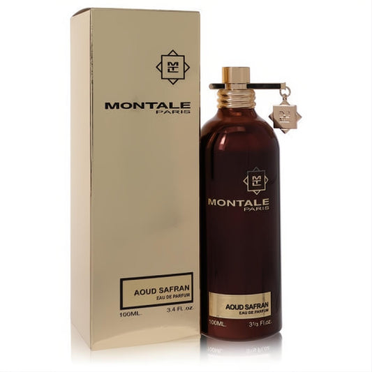 Montale Aoud Safran 3.4 oz Eau de Parfum: sleek dark brown bottle with gold accents, displayed with its luxurious gold box.
