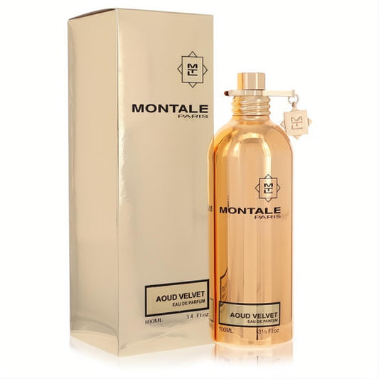 Luxurious Montale Aoud Velvet 3.4 oz Eau De Parfum in a stunning gold metallic bottle and matching elegant box.