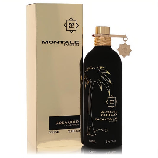 Luxurious Montale Aqua Gold 3.4 oz EDP spray. Black matte bottle with gold cap, charm, and palm tree design, next to a gold box.