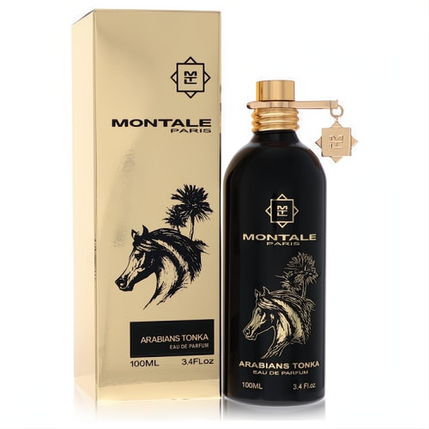 Sleek black Montale Arabians Tonka 3.4 oz EDP bottle with a striking gold horse design and cap, displayed with its matching gold box.