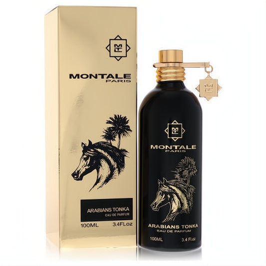 Sleek black Montale Arabians Tonka 3.4 oz EDP bottle with a striking gold horse design and cap, displayed with its matching gold box.