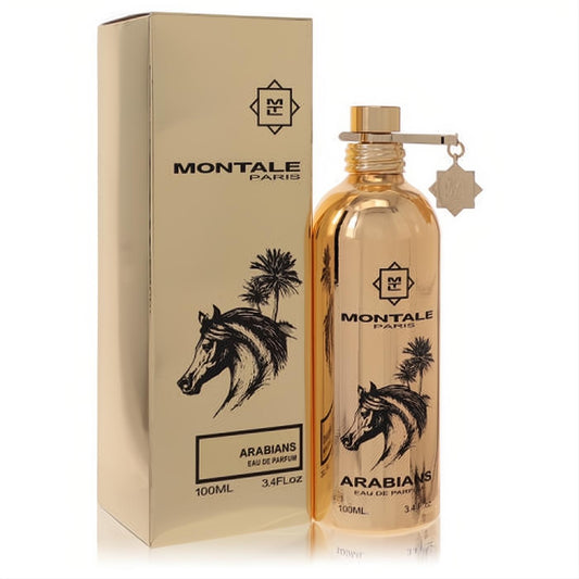Luxurious Montale Arabians 3.4 oz gold Eau de Parfum bottle and box, featuring a striking black horse and palm tree design.